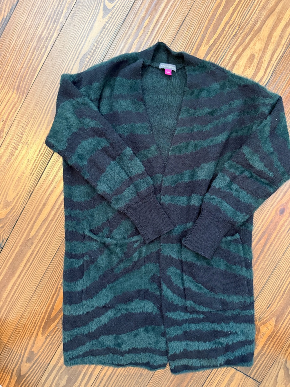 Vince Camuto Black and Dark Green Striped Open Cardigan